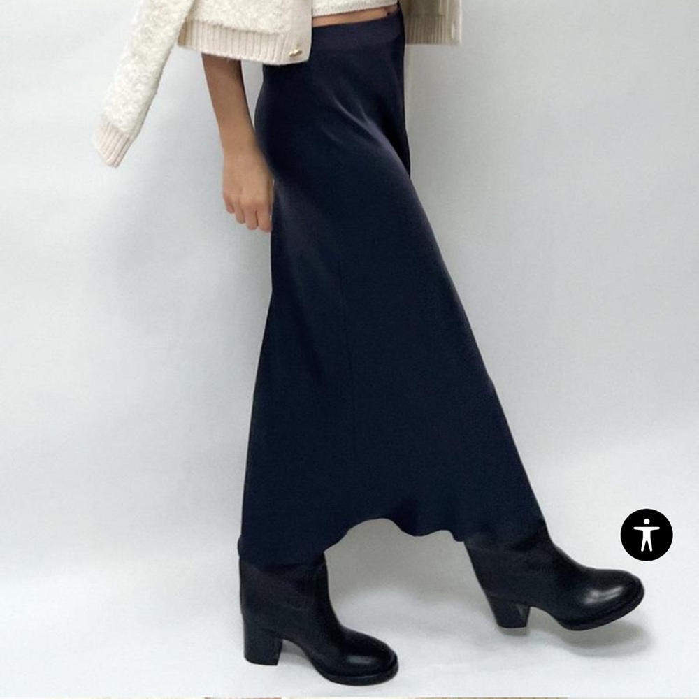 Zara navy satin midi skirt